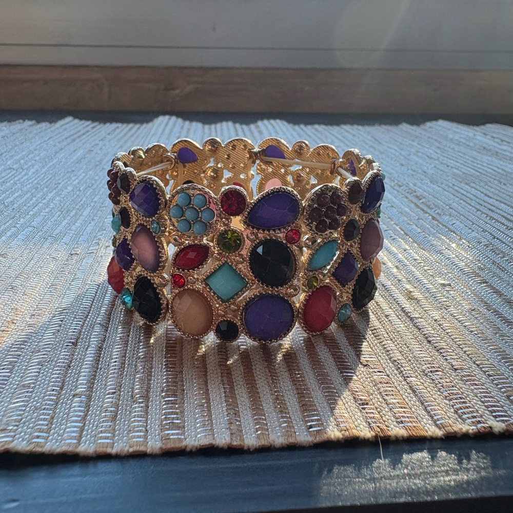 Colorful Gemstone Gold Cuff Bracelet